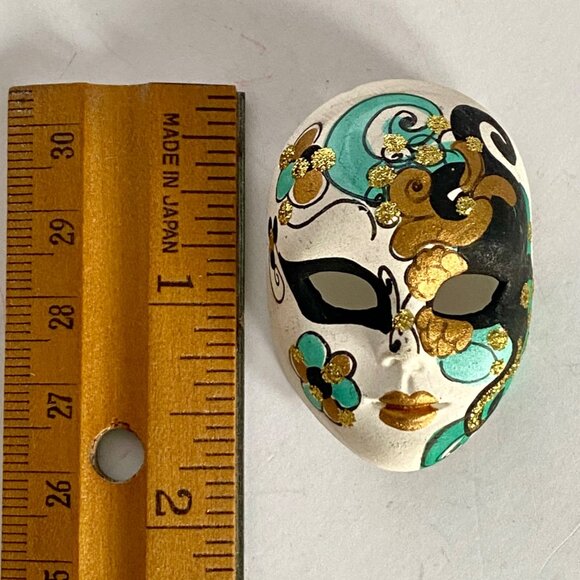 Mardi Gras Mask Hand Painted Ceramic Pin Brooch With Gold Teal Floral Accents - Picture 3 of 4
